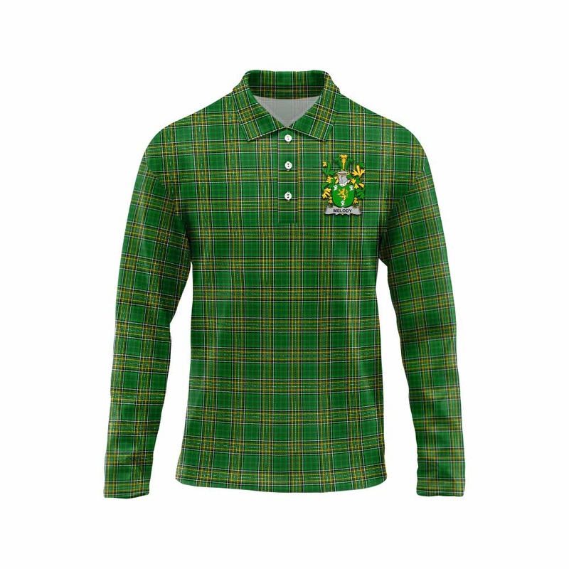Melody Irish Clan Tartan Long Sleeve Polo Shirt with Coat of Arms
