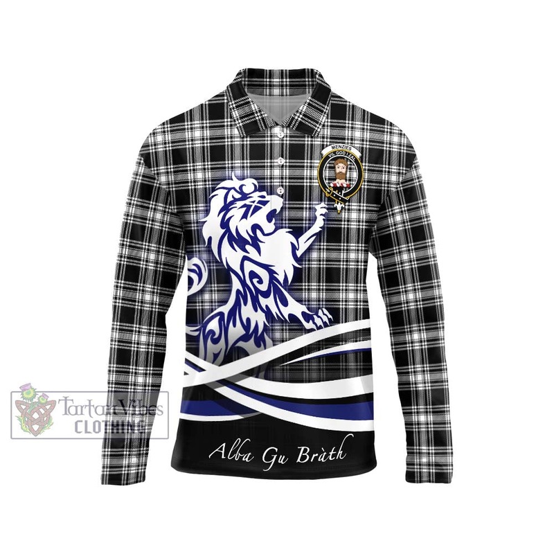 Menzies Black and White Tartan Long Sleeve Polo Shirt with Alba Gu Brath Regal Lion Emblem