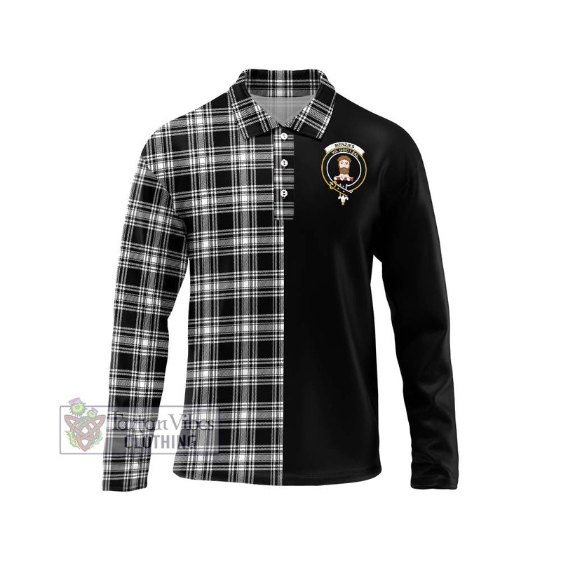 Menzies Black and White Tartan Long Sleeve Polo Shirt with Family Crest and Half Of Me Style