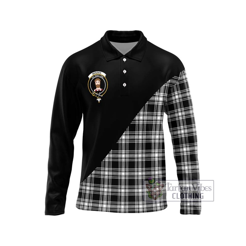 Menzies Black and White Tartan Long Sleeve Polo Shirt with Family Crest and Military Logo Style