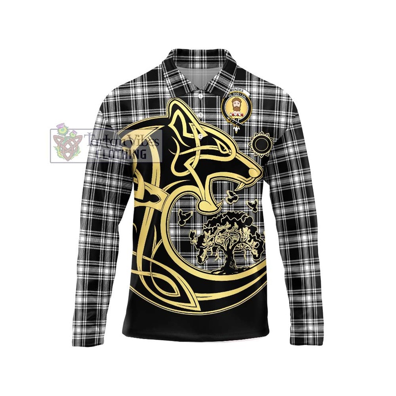 Menzies Black and White Tartan Long Sleeve Polo Shirt with Family Crest Celtic Wolf Style