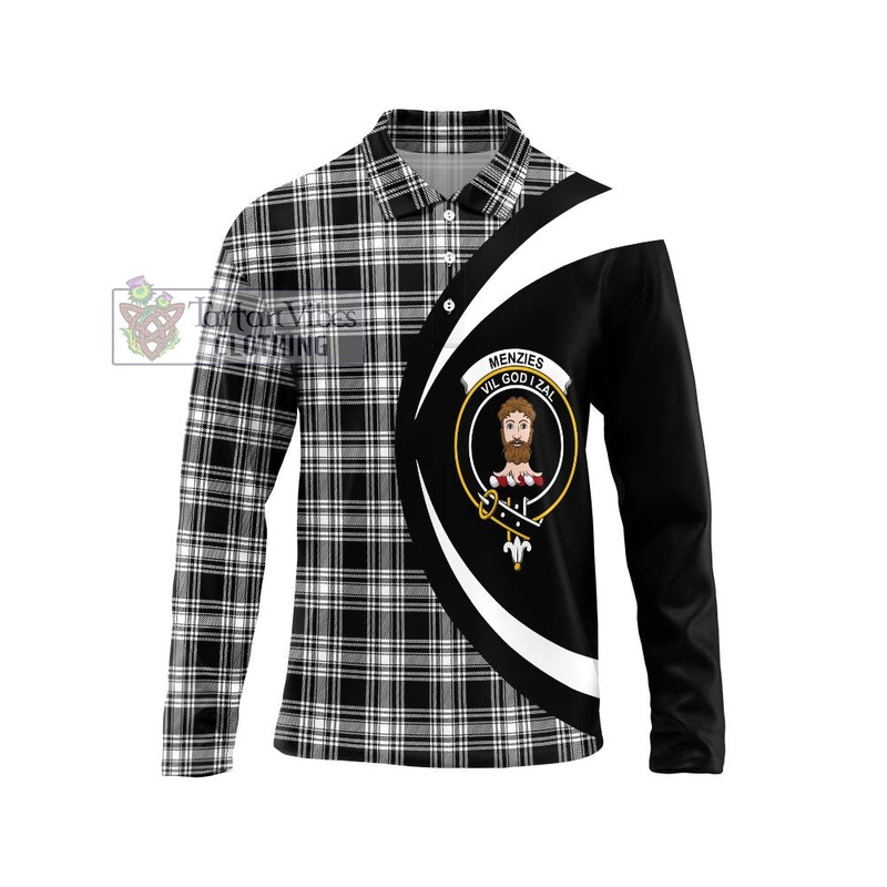 Menzies Black and White Tartan Long Sleeve Polo Shirt with Family Crest Circle Style