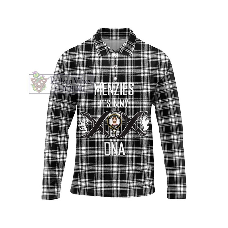 Menzies Black and White Tartan Long Sleeve Polo Shirt with Family Crest DNA In Me Style