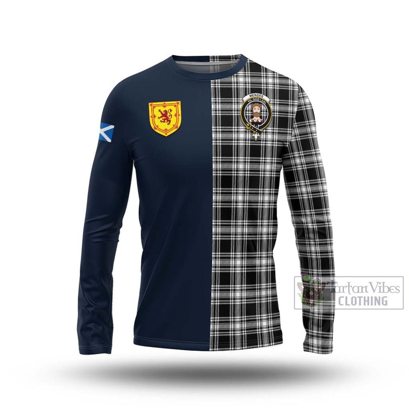 Menzies Black and White Tartan Long Sleeve T-Shirt Alba with Scottish Lion Royal Arm Half Style