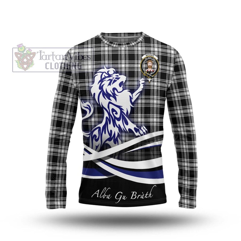 Menzies Black and White Tartan Long Sleeve T-Shirt with Alba Gu Brath Regal Lion Emblem