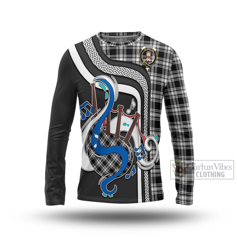 Menzies Black and White Tartan Long Sleeve T-Shirt with Epic Bagpipe Style