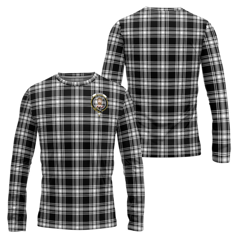 Menzies Black and White Tartan Long Sleeve T-Shirt with Family Crest