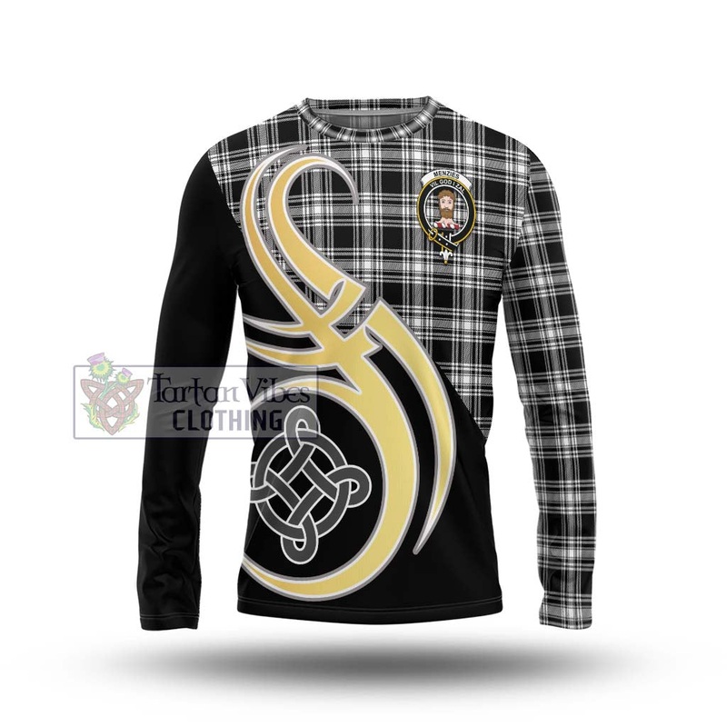 Menzies Black and White Tartan Long Sleeve T-Shirt with Family Crest and Celtic Symbol Style