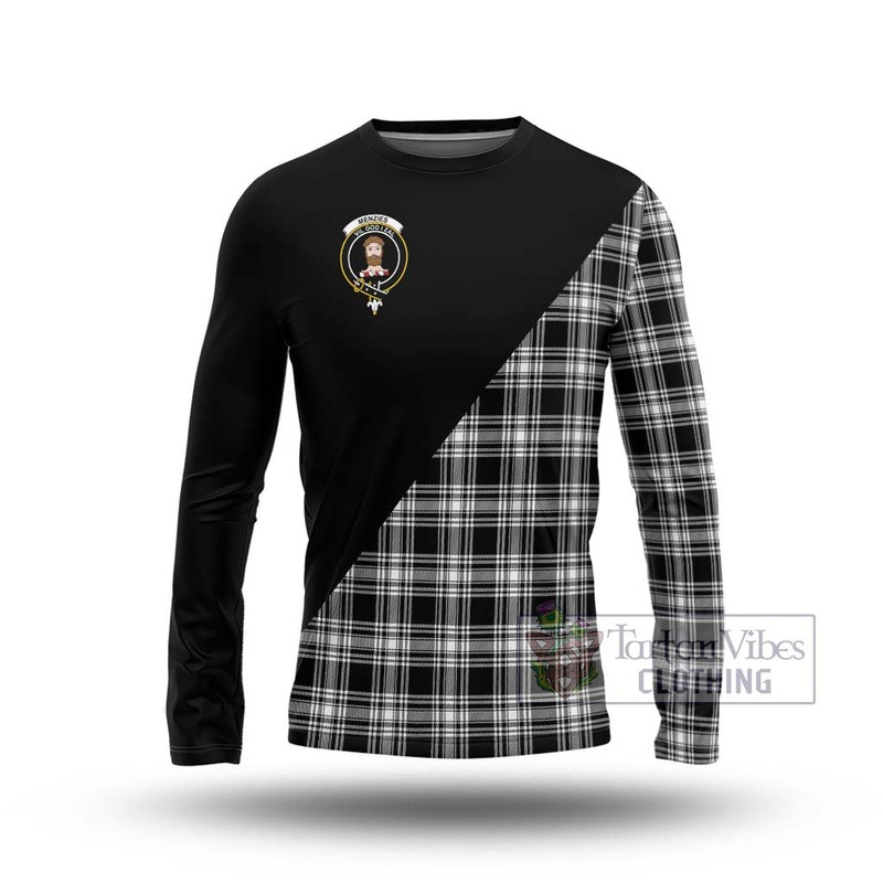 Menzies Black and White Tartan Long Sleeve T-Shirt with Family Crest and Military Logo Style