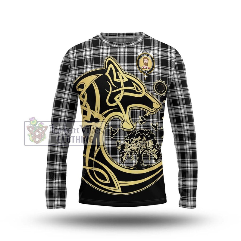 Menzies Black and White Tartan Long Sleeve T-Shirt with Family Crest Celtic Wolf Style