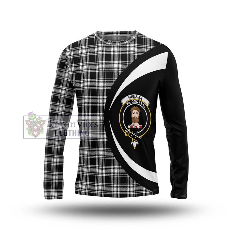 Menzies Black and White Tartan Long Sleeve T-Shirt with Family Crest Circle Style