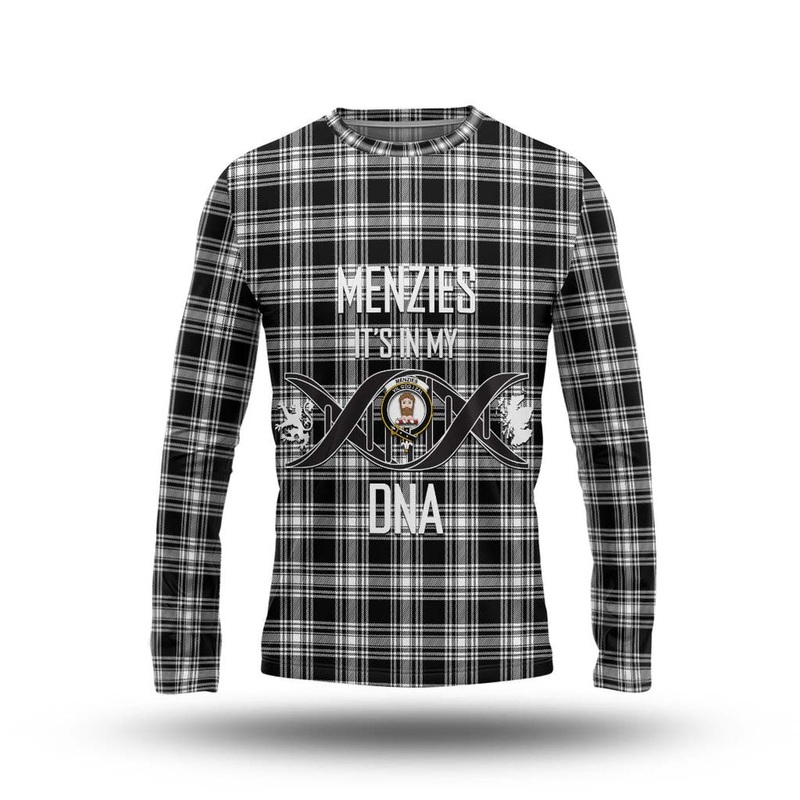 Menzies Black and White Tartan Long Sleeve T-Shirt with Family Crest DNA In Me Style