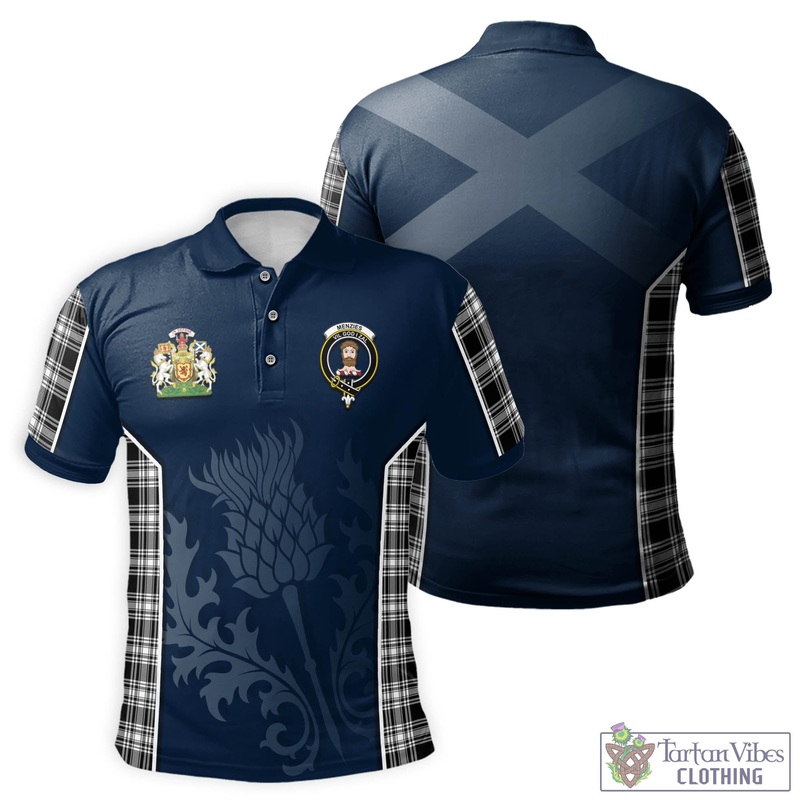 Menzies Black and White Tartan Men's Polo Shirt with Family Crest and Scottish Thistle Vibes Sport Style