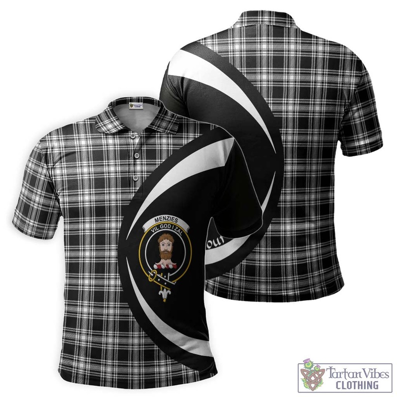 Menzies Black and White Tartan Men's Polo Shirt with Family Crest Circle Style
