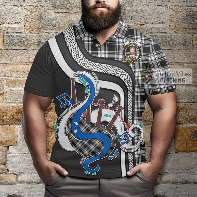 Menzies Black and White Tartan Polo Shirt with Epic Bagpipe Style