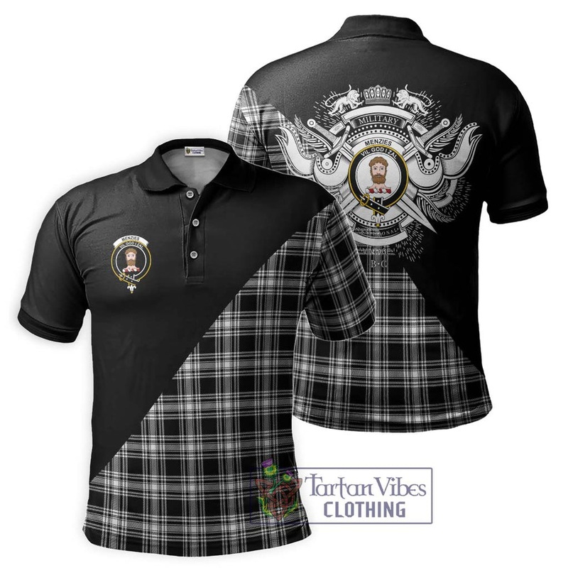 Menzies Black and White Tartan Polo Shirt with Family Crest and Military Logo Style