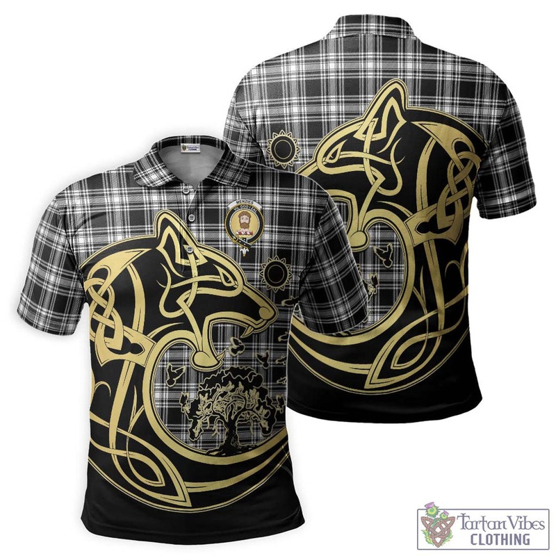 Menzies Black and White Tartan Polo Shirt with Family Crest Celtic Wolf Style