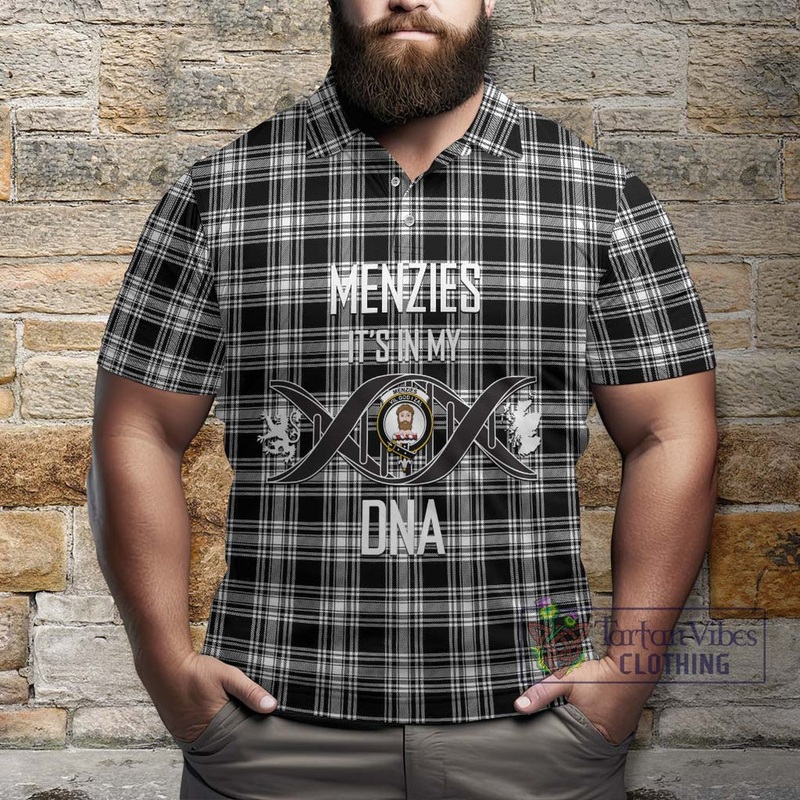 Menzies Black and White Tartan Polo Shirt with Family Crest DNA In Me Style