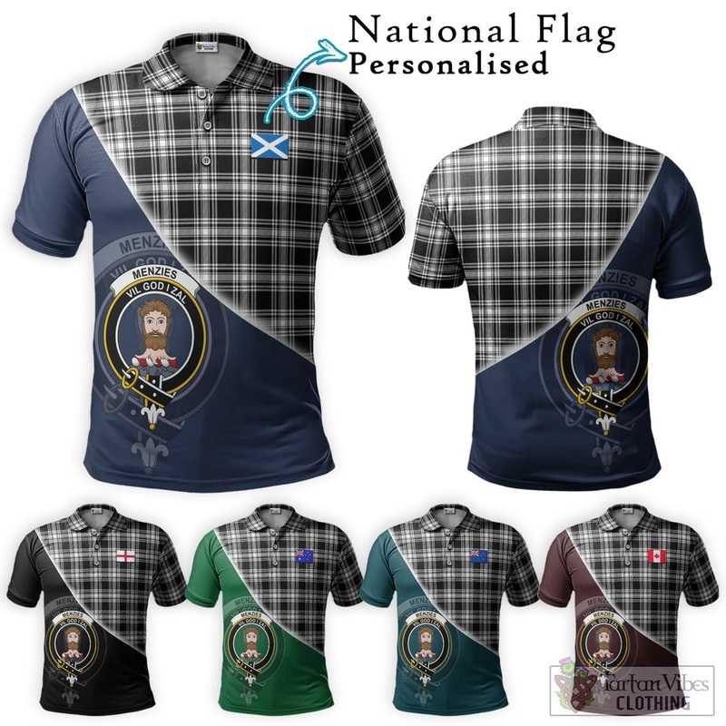 Menzies Black and White Tartan Polo Shirt with Personalised National Flag and Family Crest Half Style