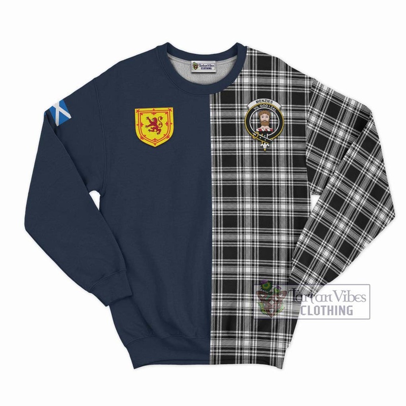 Menzies Black and White Tartan Sweatshirt Alba with Scottish Lion Royal Arm Half Style