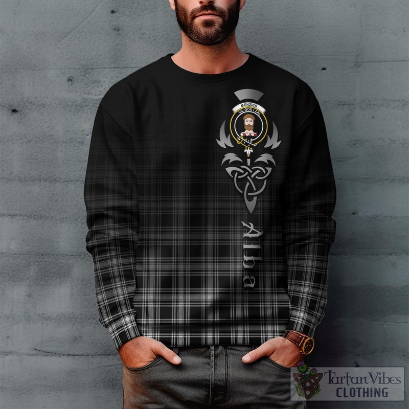 Menzies Black and White Tartan Sweatshirt Featuring Alba Gu Brath Family Crest Celtic Inspired