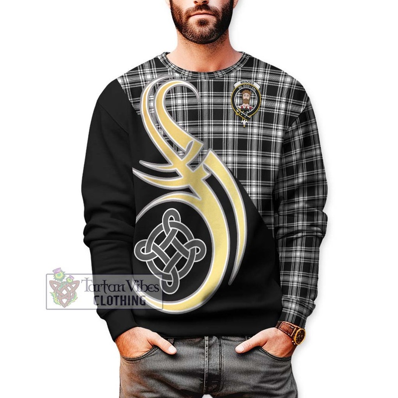 Menzies Black and White Tartan Sweatshirt with Family Crest and Celtic Symbol Style