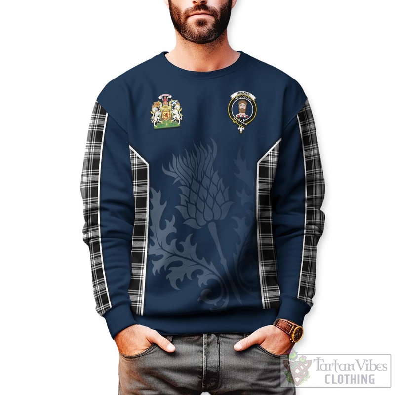 Menzies Black and White Tartan Sweatshirt with Family Crest and Scottish Thistle Vibes Sport Style