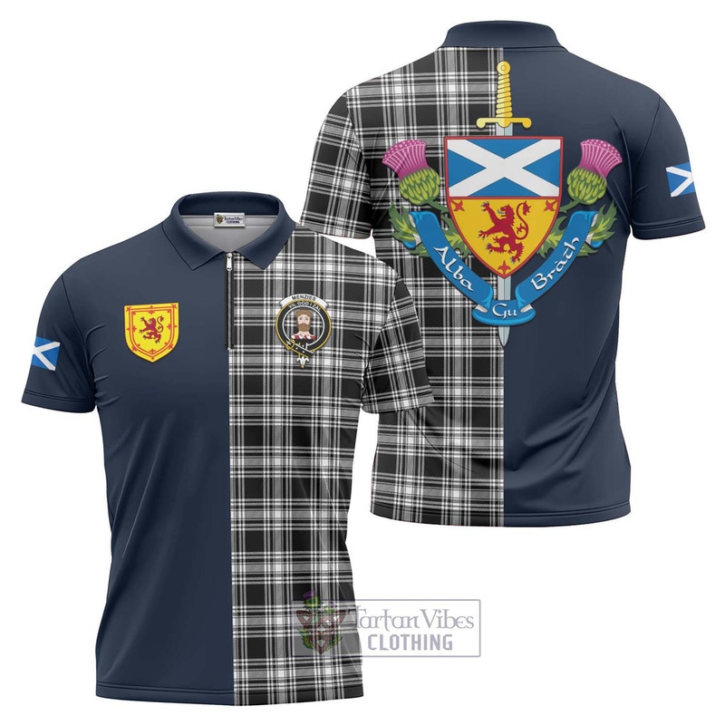 Menzies Black and White Tartan Zipper Polo Shirt Alba with Scottish Lion Royal Arm Half Style