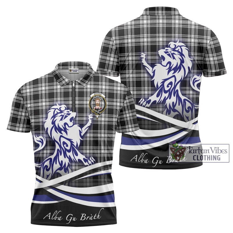 Menzies Black and White Tartan Zipper Polo Shirt with Alba Gu Brath Regal Lion Emblem
