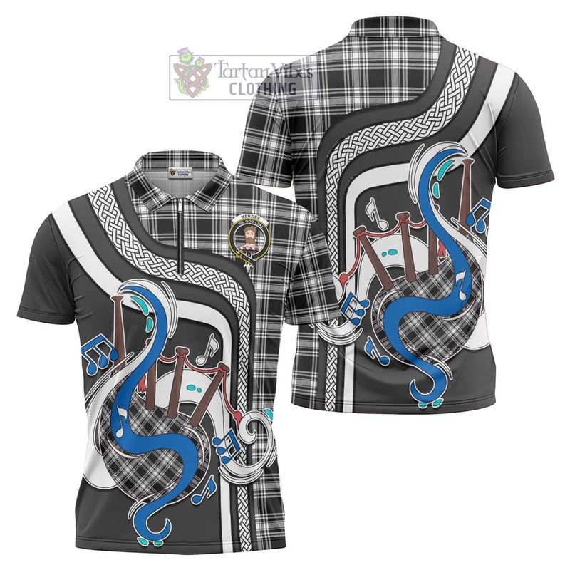 Menzies Black and White Tartan Zipper Polo Shirt with Epic Bagpipe Style