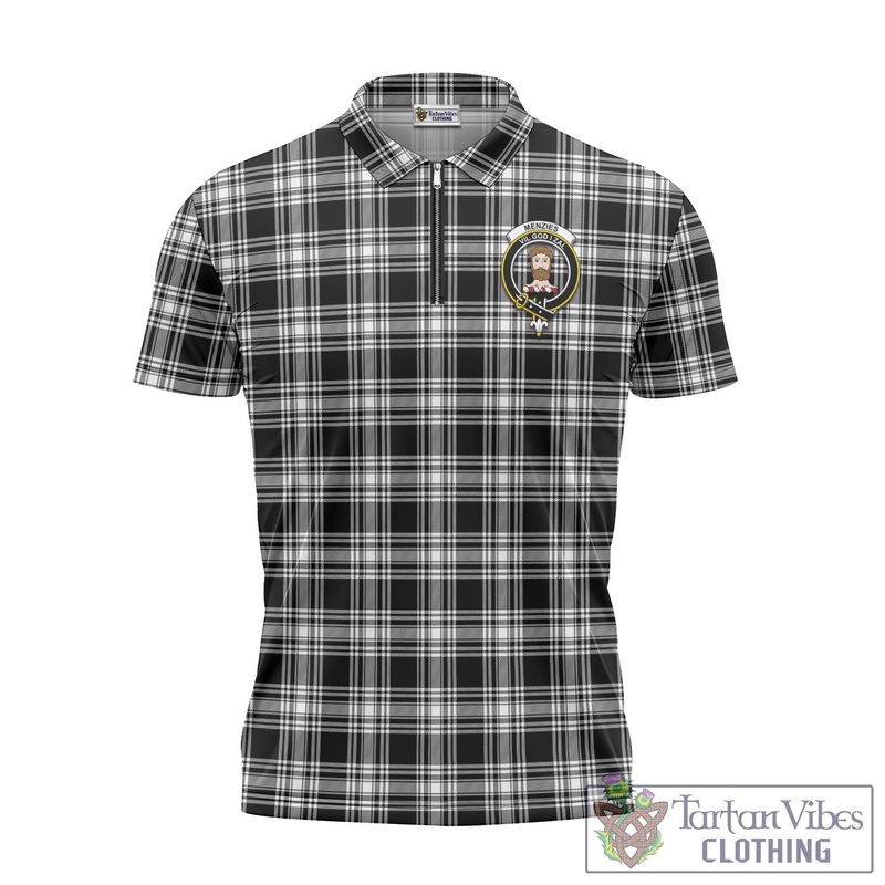 Menzies Black and White Tartan Zipper Polo Shirt with Family Crest