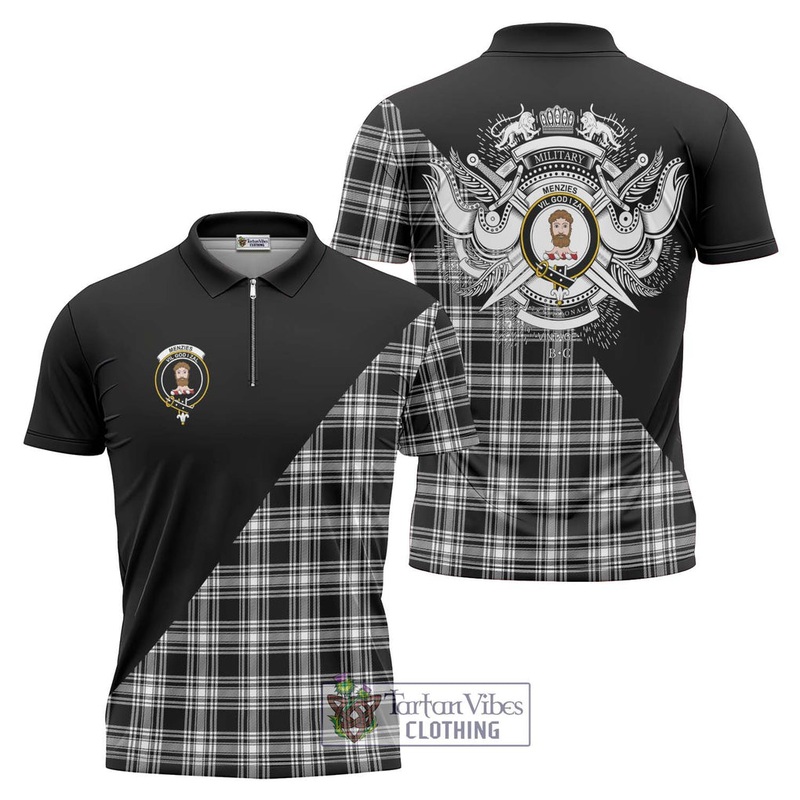 Menzies Black and White Tartan Zipper Polo Shirt with Family Crest and Military Logo Style