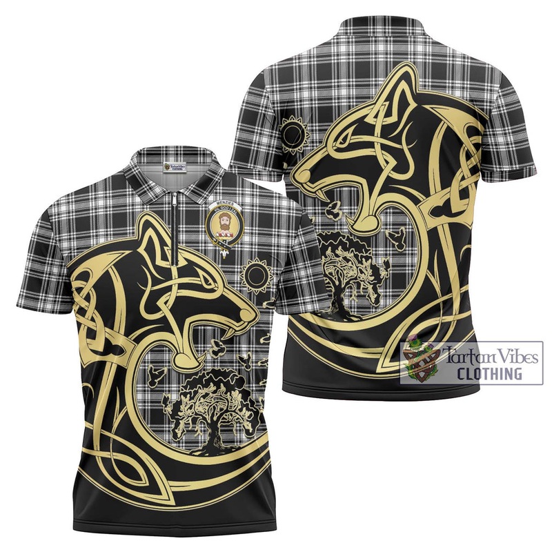 Menzies Black and White Tartan Zipper Polo Shirt with Family Crest Celtic Wolf Style