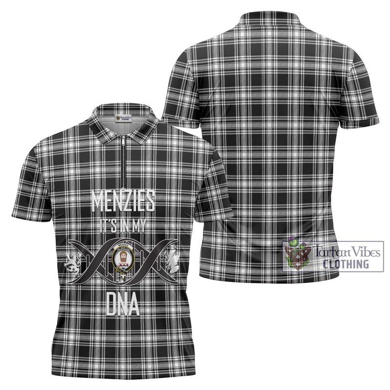 Menzies Black and White Tartan Zipper Polo Shirt with Family Crest DNA In Me Style