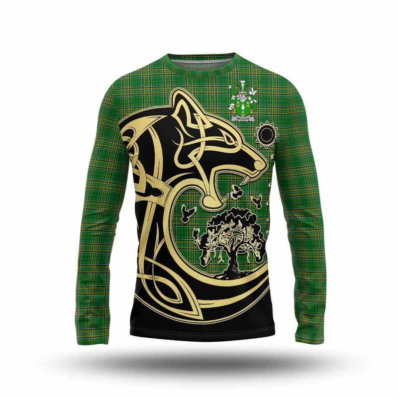 Meldon Irish Tartan Long Sleeve T-Shirt with Coat of Arms Celtic Wolf Style