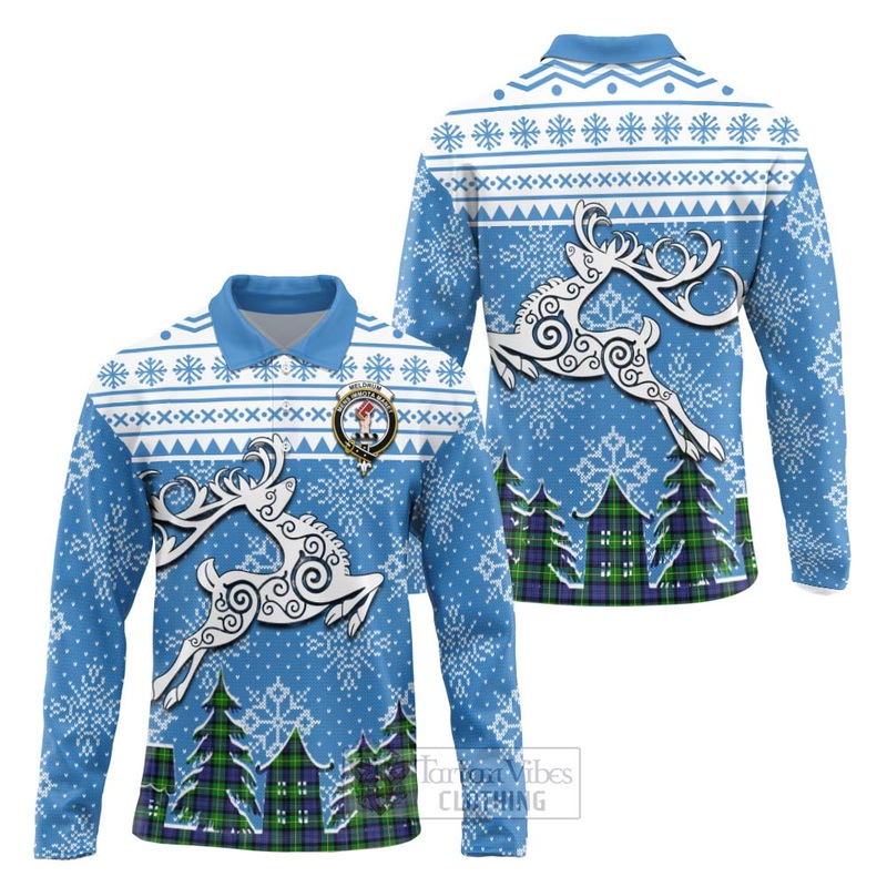 Meldrum Clan Christmas Long Sleeve Polo Shirt Celtic Reindeer Style