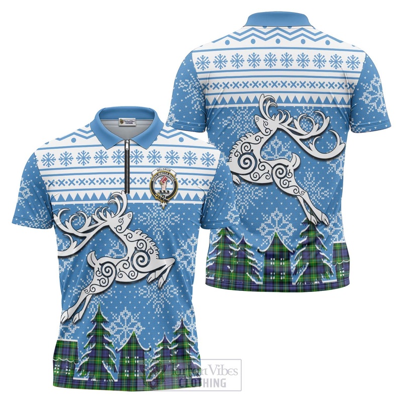 Meldrum Clan Christmas Zipper Polo Shirt Celtic Reindeer Style