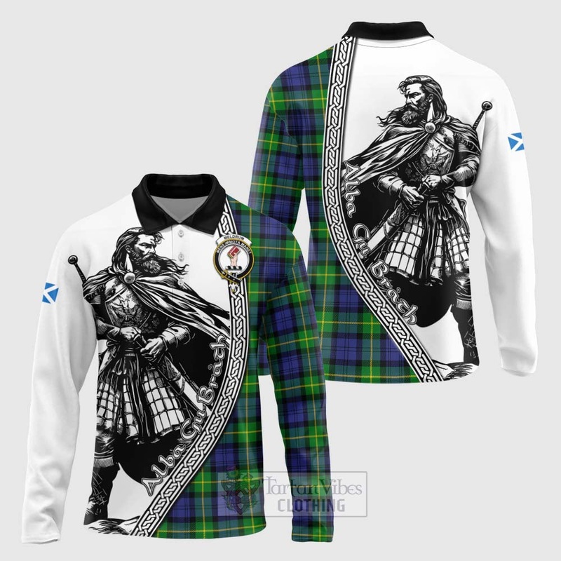 Meldrum Tartan Clan Crest Long Sleeve Polo Shirt with Highlander Warrior Celtic Style