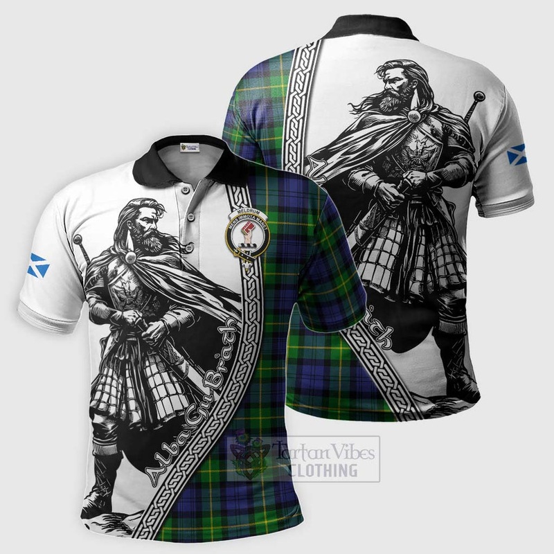 Meldrum Tartan Clan Crest Polo Shirt with Highlander Warrior Celtic Style