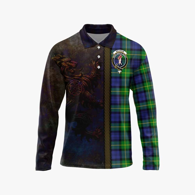 Meldrum Tartan Family Crest Long Sleeve Polo Shirt Alba Gu Brath Be Brave Lion Ancient Style