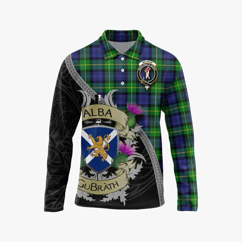 Meldrum Tartan Family Crest Long Sleeve Polo Shirt Lion Rampant Royal Thistle Shield Celtic Inspired