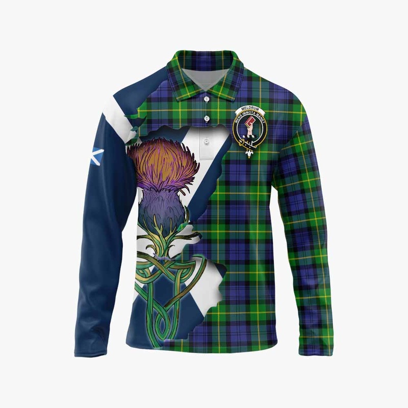Meldrum Tartan Family Crest Long Sleeve Polo Shirt Scottish Thistle Celtic Inspired
