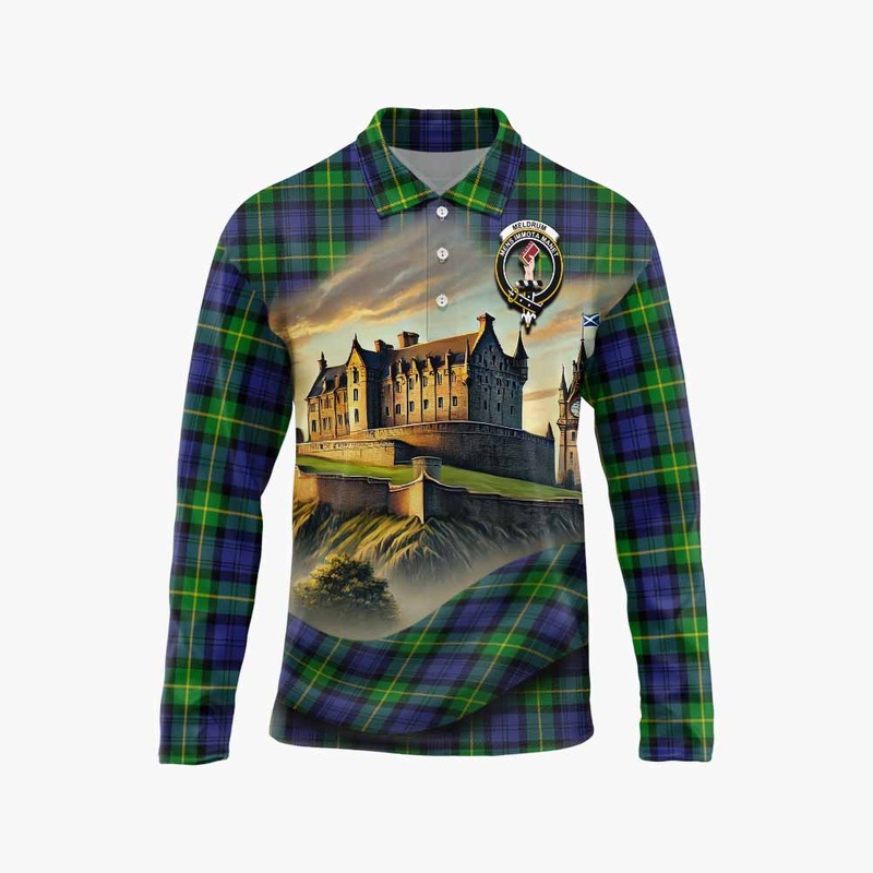 Meldrum Tartan Family Crest Long Sleeve Polo Shirt with Scottish Ancient Castle Style