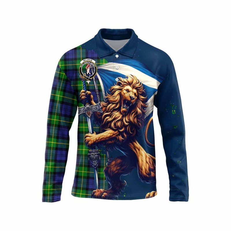 Meldrum Tartan Family Crest Long Sleeve Polo Shirt with Scottish Majestic Lion