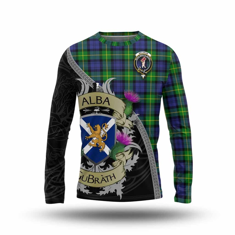 Meldrum Tartan Family Crest Long Sleeve T-Shirt Lion Rampant Royal Thistle Shield Celtic Inspired
