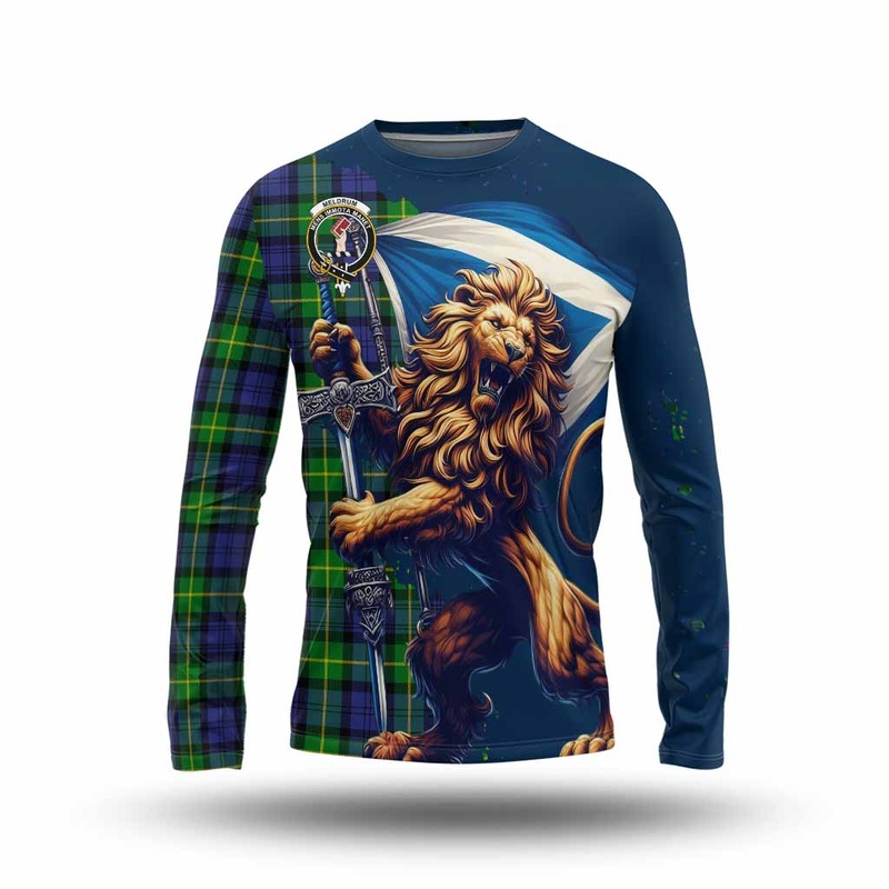 Meldrum Tartan Family Crest Long Sleeve T-Shirt with Scottish Majestic Lion