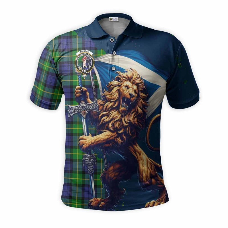 Meldrum Tartan Family Crest Men's Polo Shirt with Scottish Majestic Lion