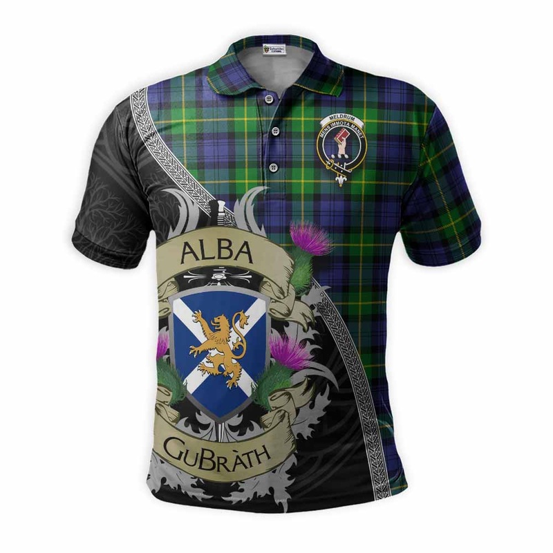 Meldrum Tartan Family Crest Polo Shirt Lion Rampant Royal Thistle Shield Celtic Inspired