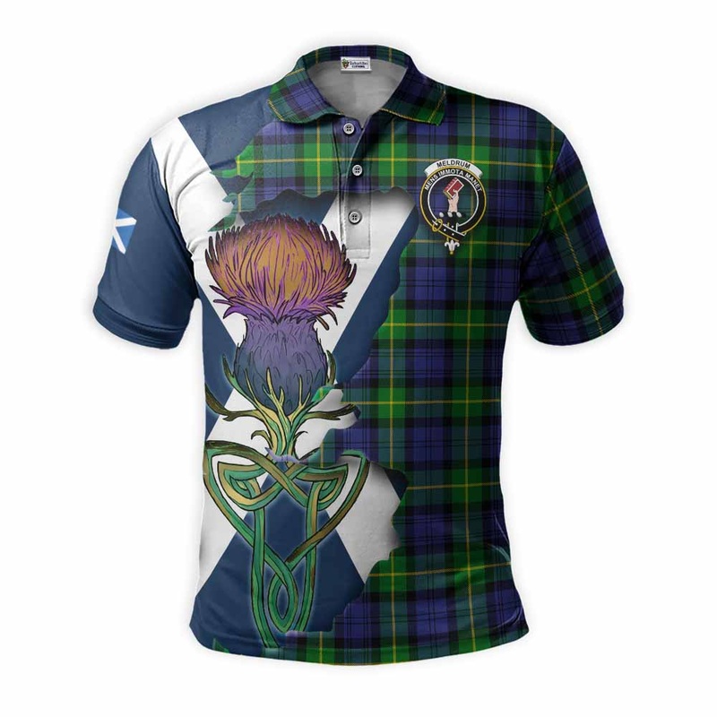 Meldrum Tartan Family Crest Polo Shirt Scottish Thistle Celtic Inspired