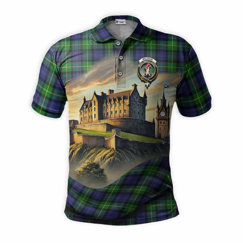 Meldrum Tartan Family Crest Polo Shirt with Scottish Ancient Castle Style